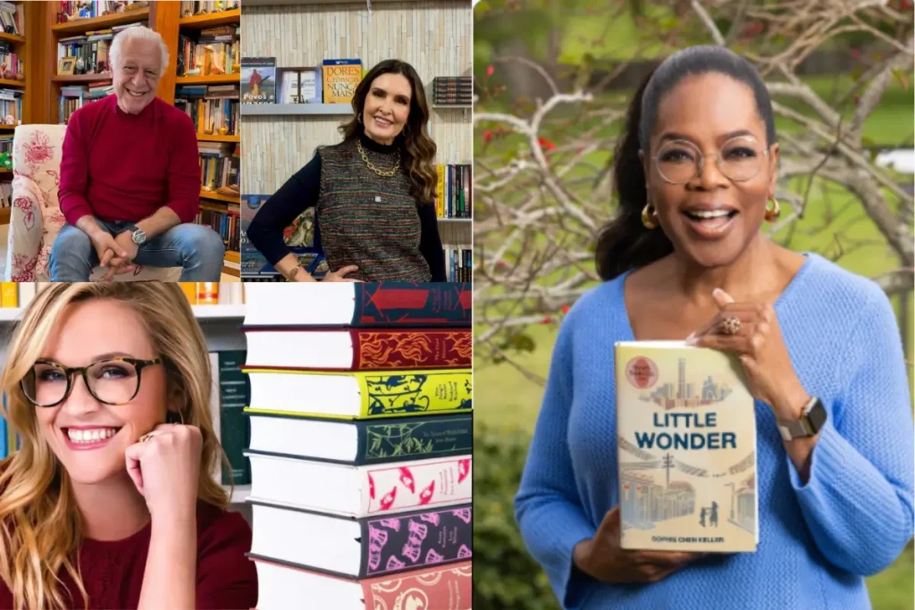 Colagem de imagens com fotos de celebridades brasileiras e estrangeiras que promovem a leitura