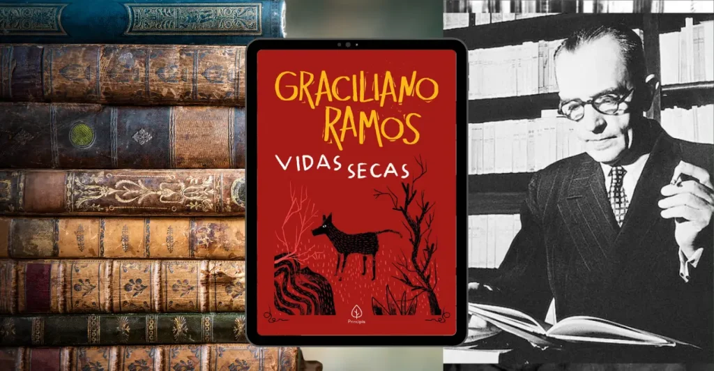fundo com livros ao lado do livro VIdas Secas e seu autor Graciliano Ramos