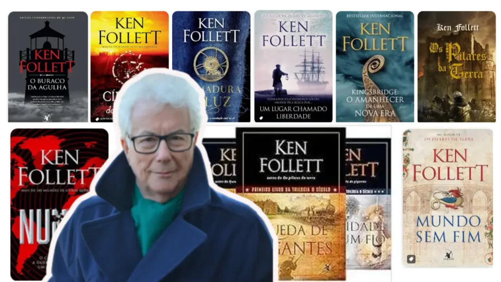 o autor Ken Follett em montadem sobre capas de seus livros ao fundo