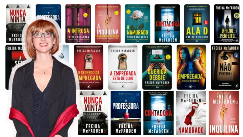 Foto de Freida pseudônimo de Sara Cohen montada a frente de colagem de capas de seus livros