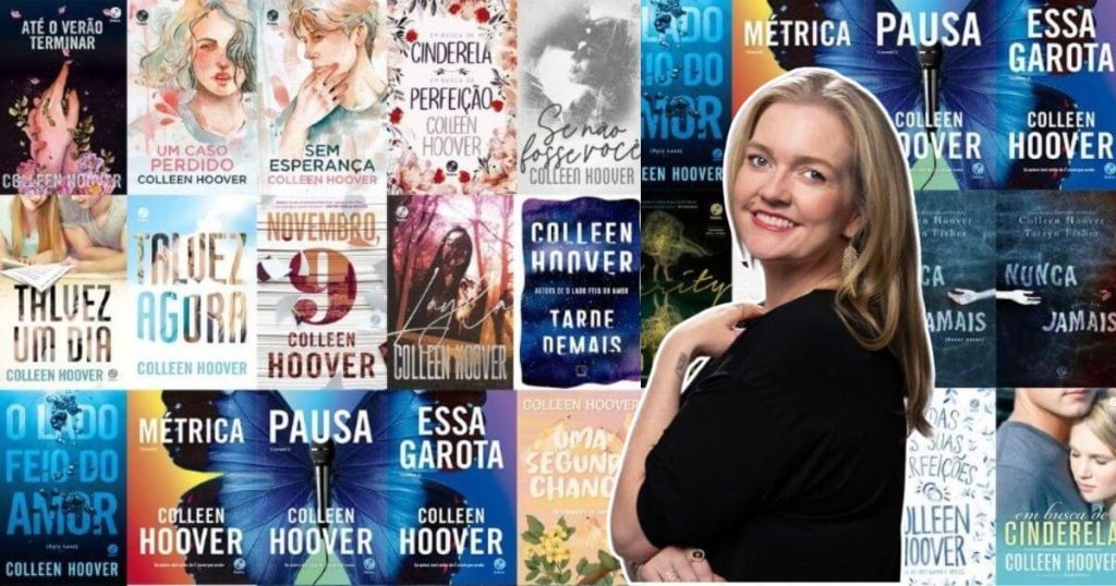 colagem das capas dos livros de collen hoover e foto dela sobreposta com efeito