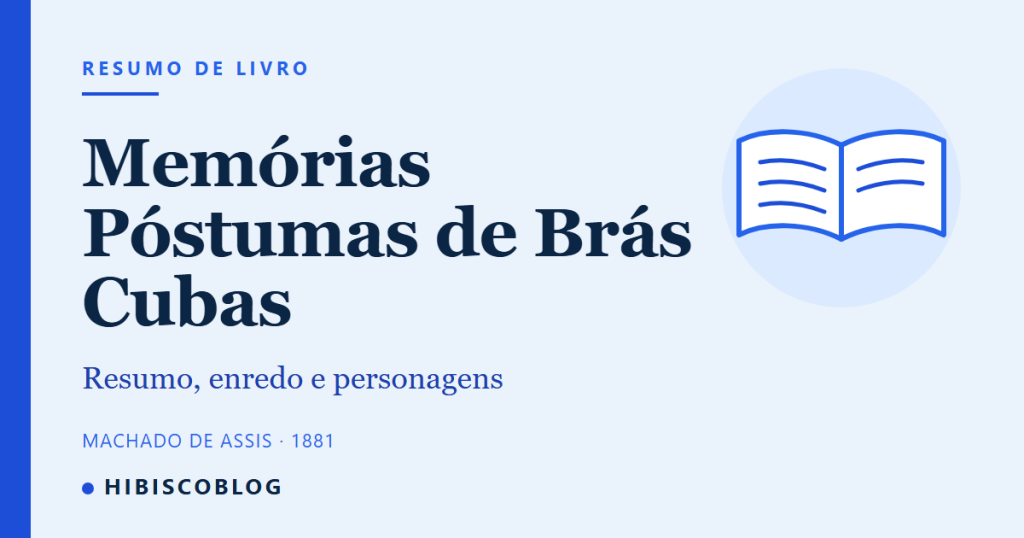 Capa do guia Memórias Póstumas de Brás Cubas, com o texto Resumo, enredo e personagens e o desenho de um livro aberto